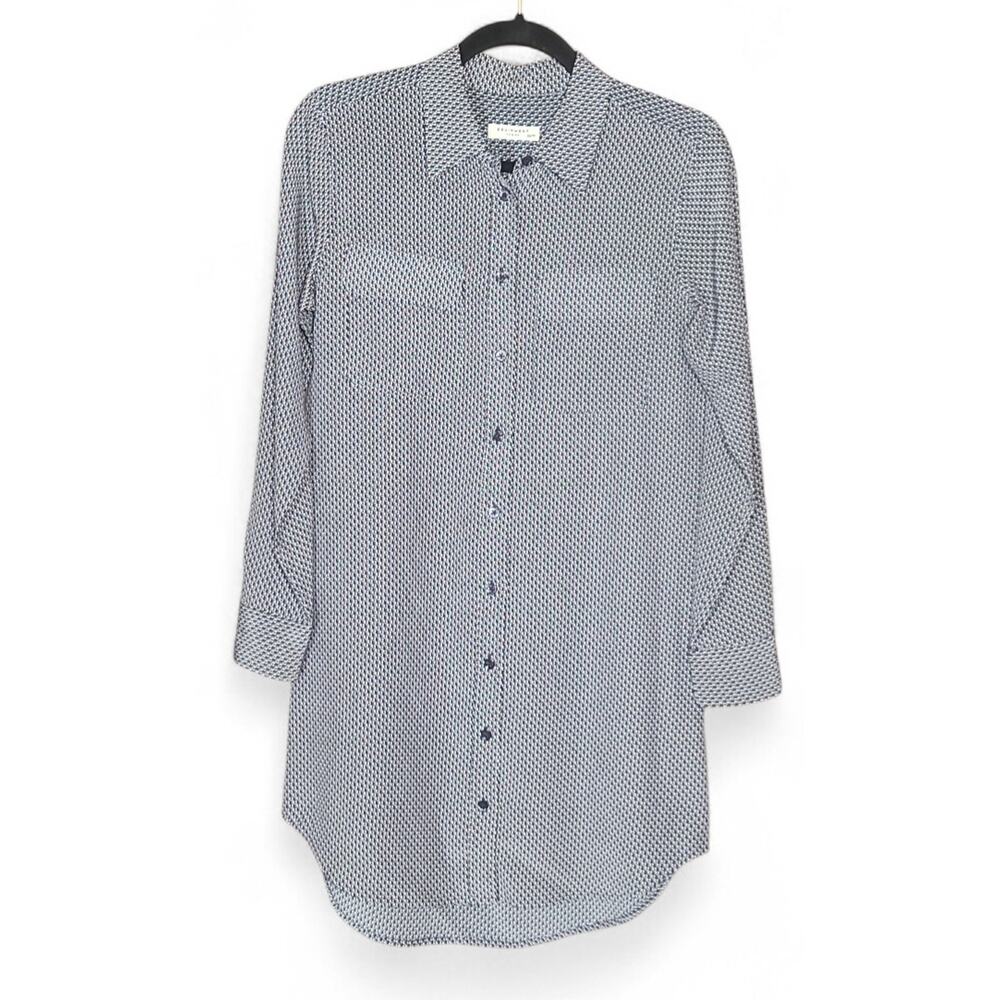 Equipment Femme Navy/White Silk Button Down Long Sleeve Shirt Dress SZ XS/6